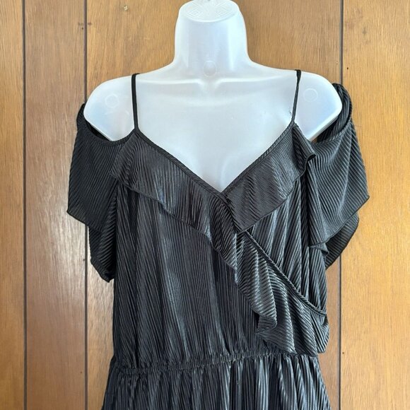 Candies Dress Women’s Large Black Cold Shoulder Plisse Ruffle Dark‎ Fairy Boho - Picture 2 of 14